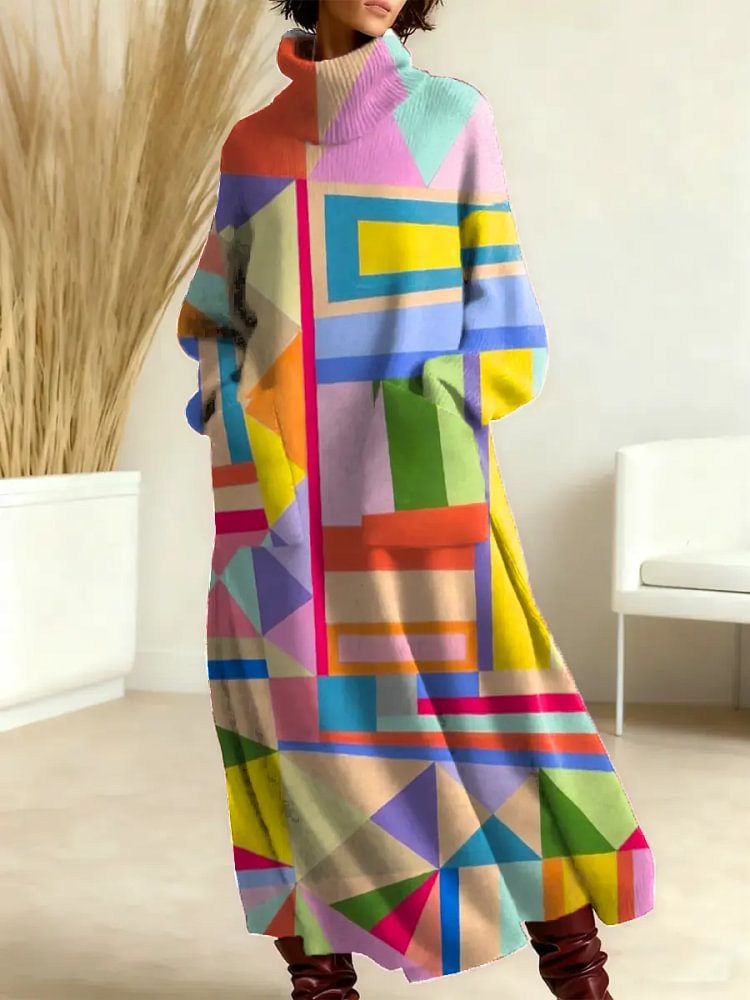 Women's Geometric Pattern Art Print Casual Cotton Knitted Dress