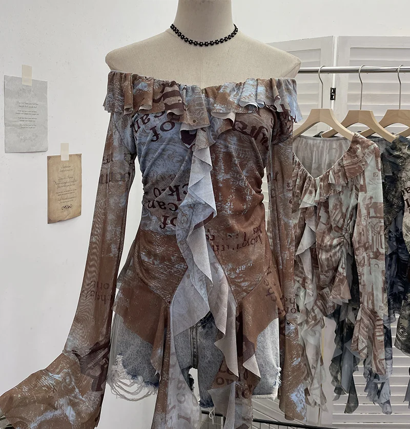 Nigikala Nigikala Shooting Retro Shoulder Tie-Dye Net Horn Long-Sleeved T-Shirt Irregular Lotus Leaf Side Ribbon Y2k Top 8012