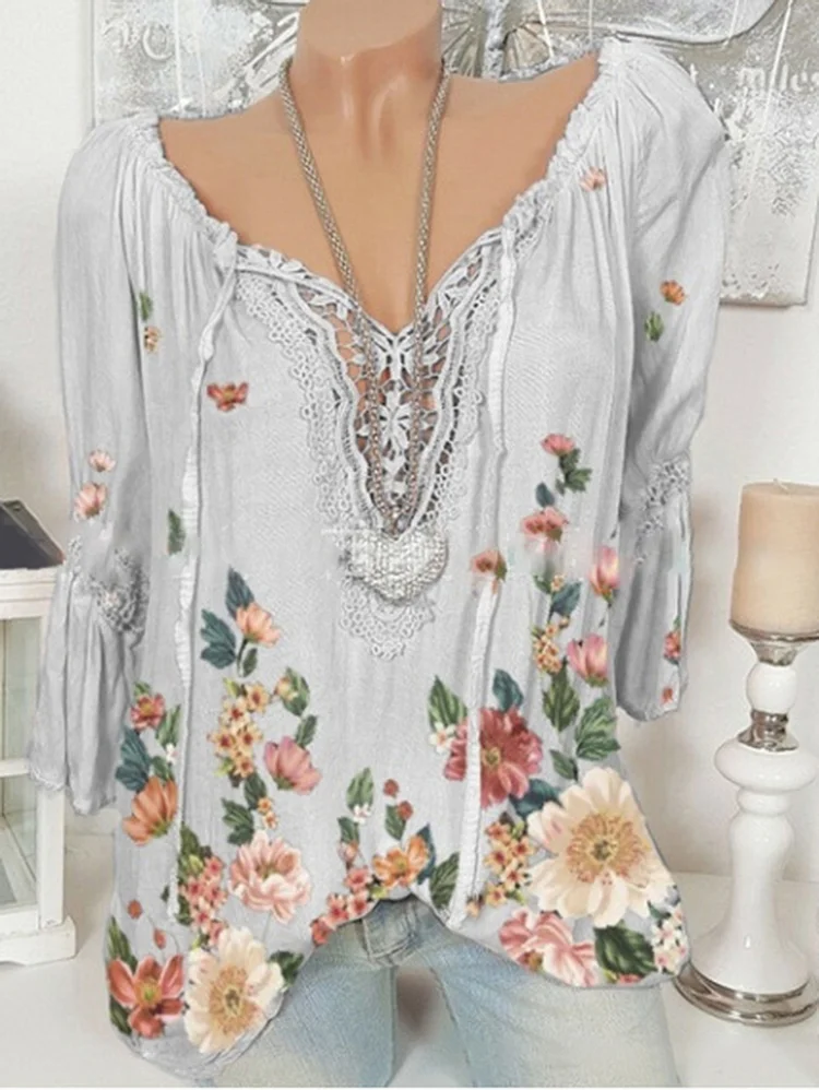 Casual V Neck Lace Patchwork Floral Pattern Blouse