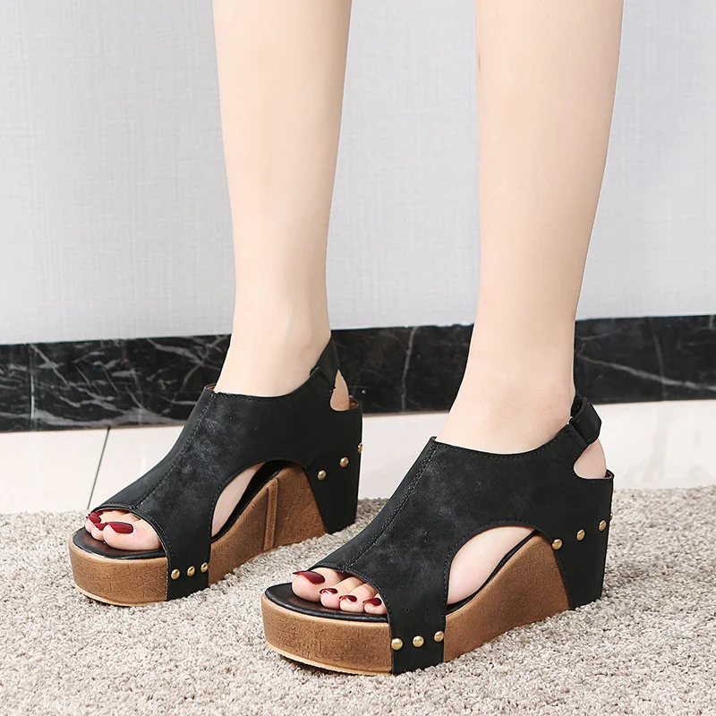 Breakj Breakj Spring And Summer New Rivet Slope And Fish Mouth Sandals Women Large Size Waterproof Table Hollow Thick-Soled Women Sandals