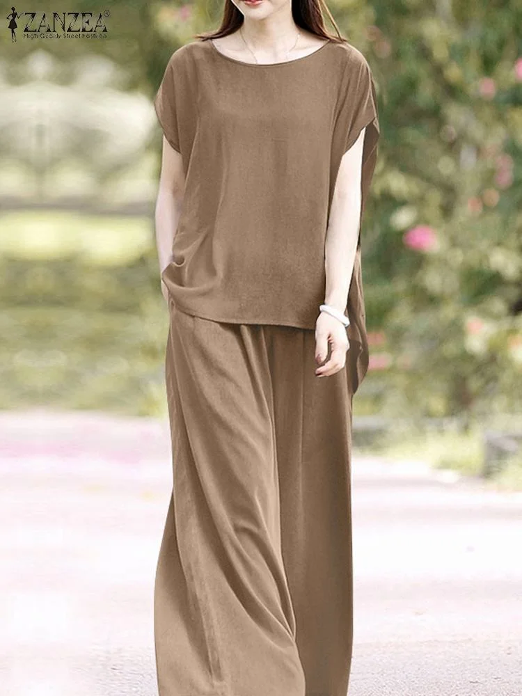 ZANZEA Oversized Summer Trousers Suits 2PCS Women Matching Sets Fashion Short Sleeve Blouse Wide Leg Pants Sets Loose Tracksuit