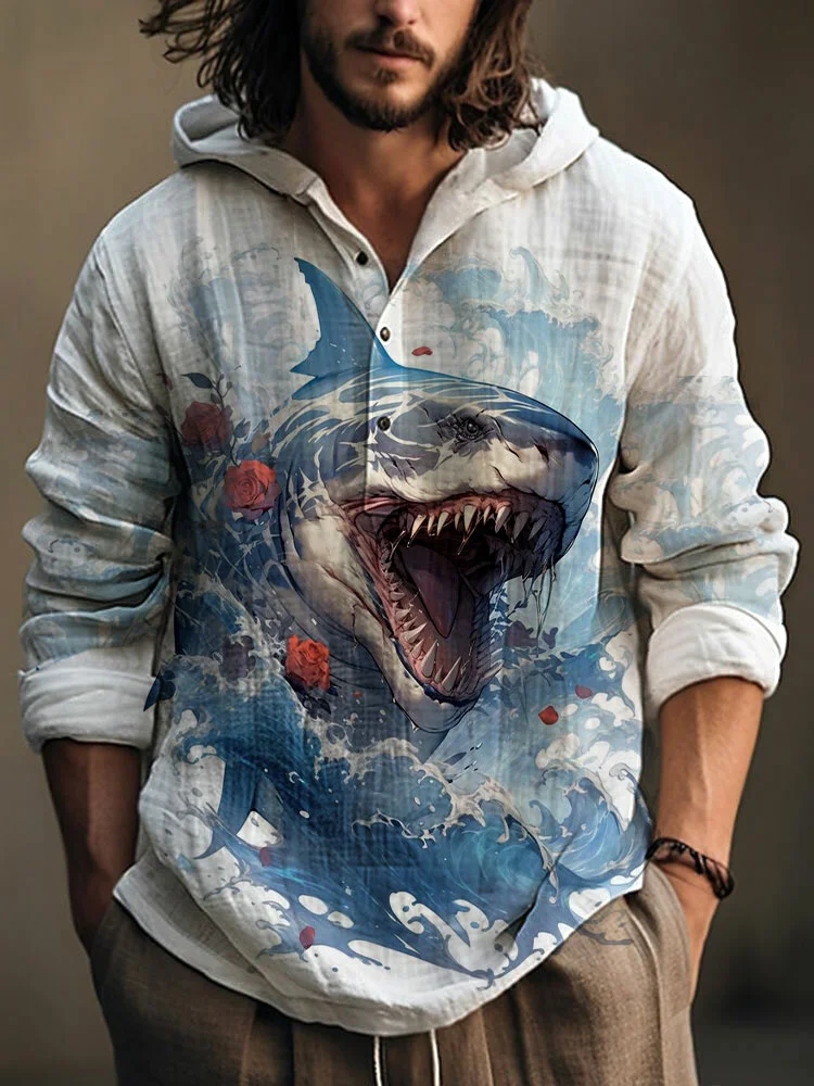 Men's Casual Japanese Art Ocean Sharks Print Hoodie