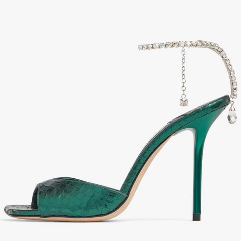 GOOSHOE Square Peep Toe Women Diamonds Chain Ankle Strap High Heels Animal Print Dress Sandals