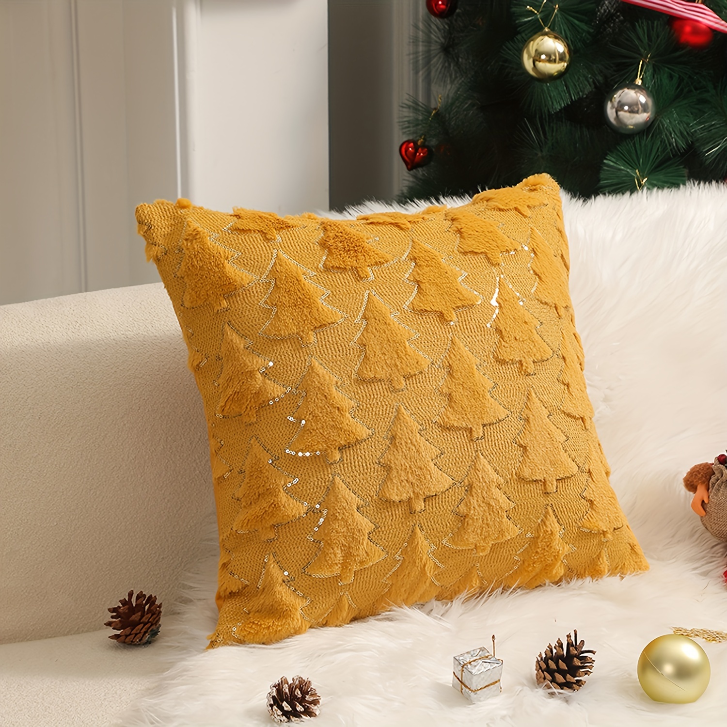 Festive Christmas Tree Pillow - Soft and Textured, Perfect for Your Living Room Decor - Machine Washable, Zipper Closure, Knit Fabric, No Stuffing, Polyester Cover