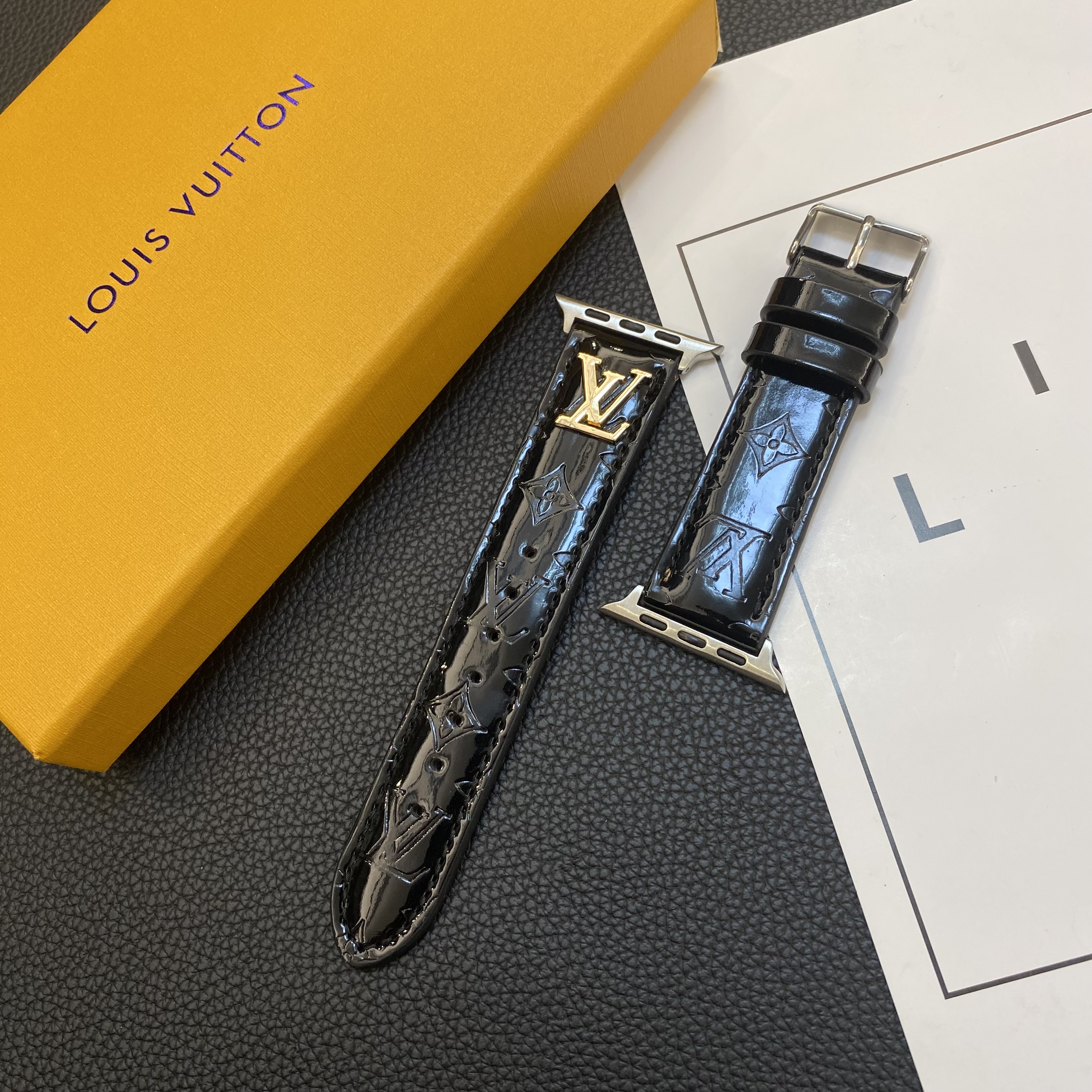 LV Glossy Leather Apple Watch Strap Luxury Metal Logo