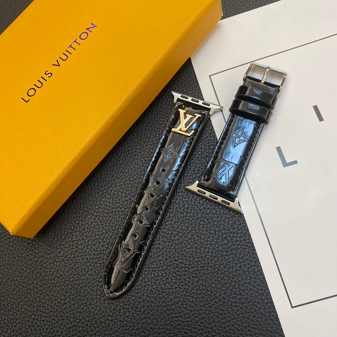 LV Glossy Leather Apple Watch Strap Luxury Metal Logo