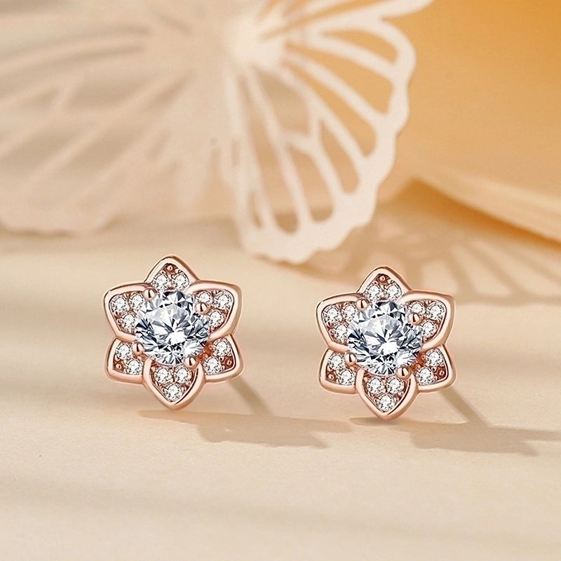 1 Pair Minimalist Heart Shape Flower Inlay Sterling Silver Zircon Ear Studs