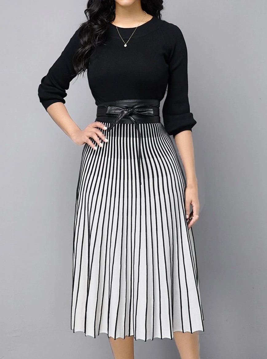 Striped Print High Waist Long Sleeve Dress - VSMEE
