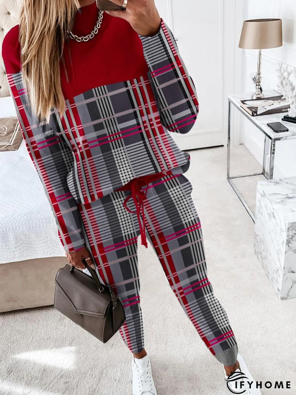 Plaid Loose Casual Crew Neck Two-Piece Set | IFYHOME