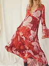 Floral Print Deep V-Neck Long Sleeve Ruffled Vacation Maxi Dress
