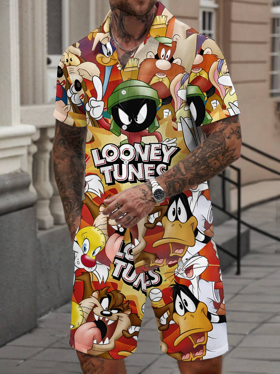 Retro cartoon characters collection poster shirt shorts set PLUSCLOTHESMAN