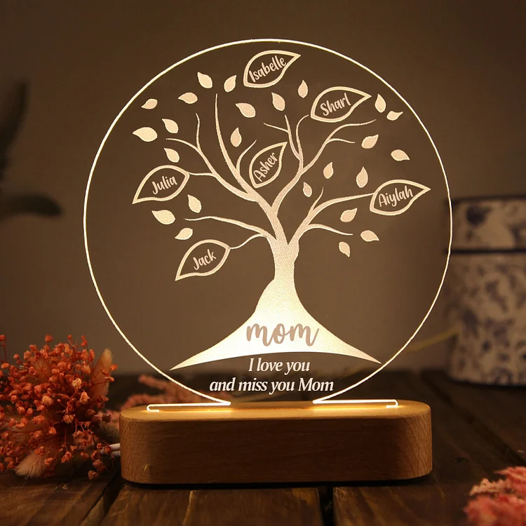 Personalized Family Tree Night Light Engraved 6 Names Wooden LED Lamp