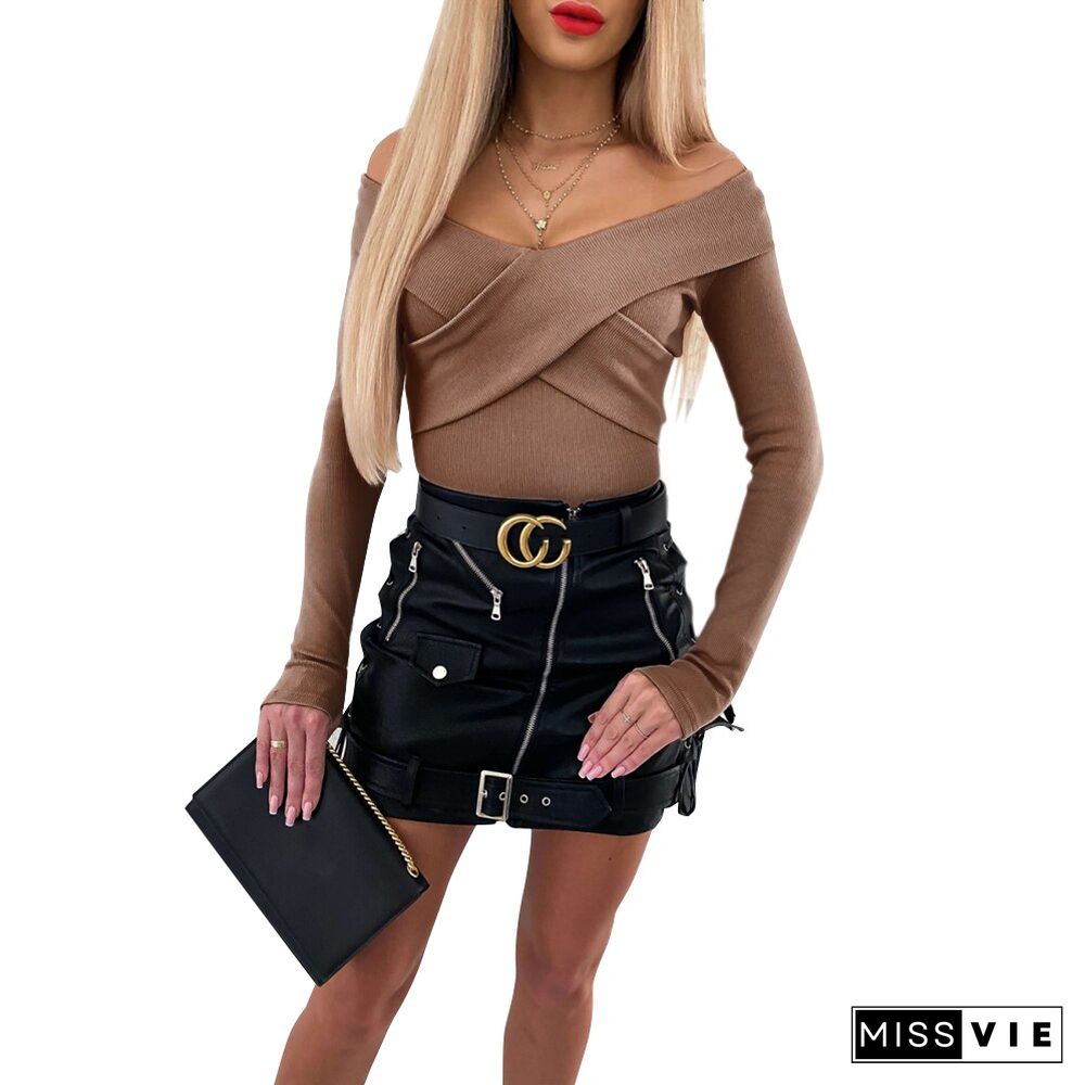 Elegant Women Knit Slash Neck Tops Cute Romantic Long Sleeve Cutaway Pullover Basic Cross