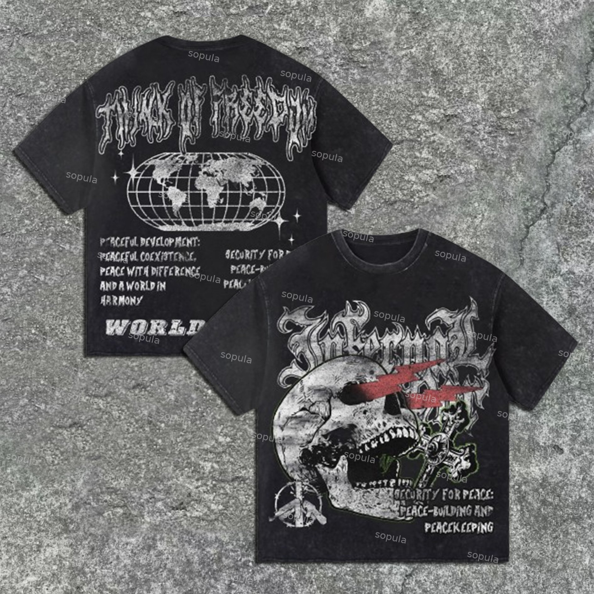 Sopula World Pacifist Anti-War Skull Print Graphics Washed T-Shirt