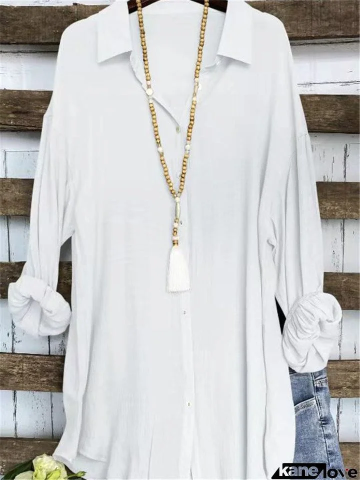 Casual Lapel Buttons-Up Solid Color Linen Blouses
