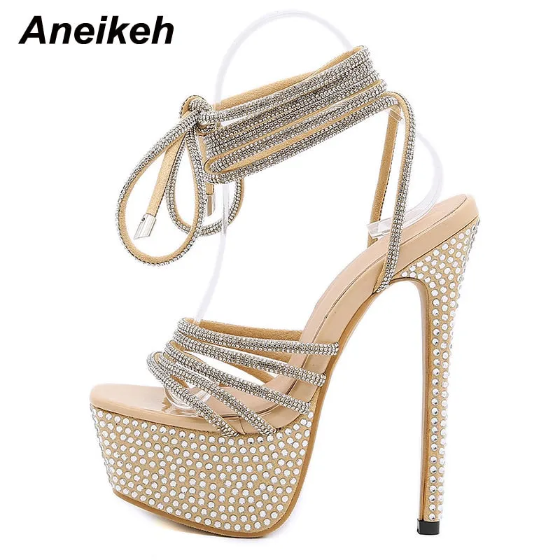 AneikehRhinestone Strap Cross Sexy GLADIATOR Platform Sandals For Women Open toe Bling Crystal High Heel Sandals Nightclub Shoes