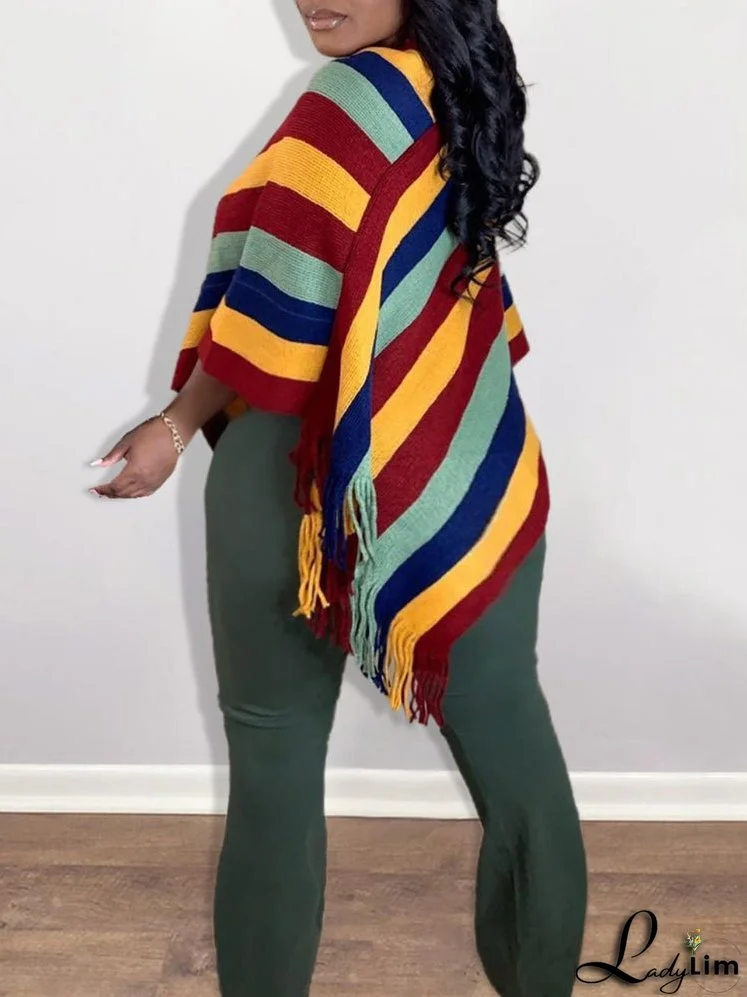 Knitted Striped Tassel Poncho