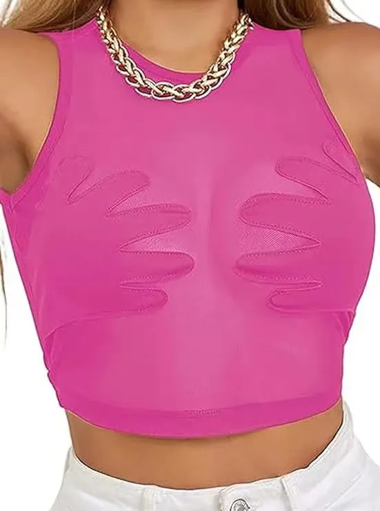 Brownm 2024 Summer New Round-Neck Women's Sleeveless Mesh Perspective Embroidered Palm Creative Vest Woman