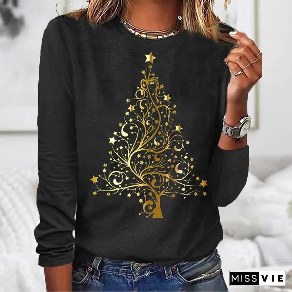 Black Long Sleeve Round Neck Print Top