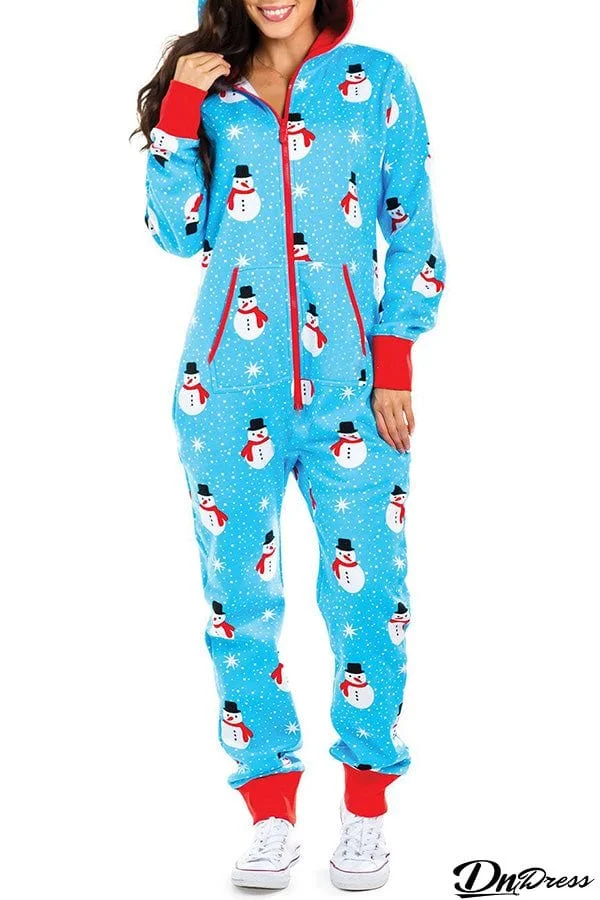 Christmas Print Zipper Pocketed Hooded Loungewear Jumpsuit