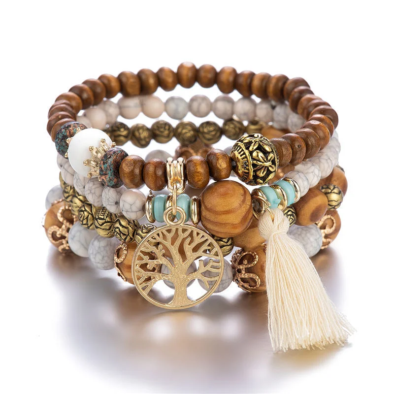 Retro ethnic style multi-layer wooden beaded elastic bracelet
