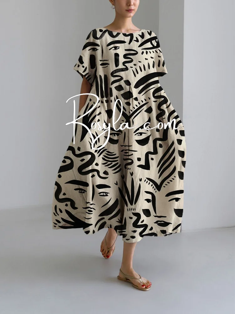 Women's Casual Abstract Art Print Loose Round Neck Medium Length Skirt Dress