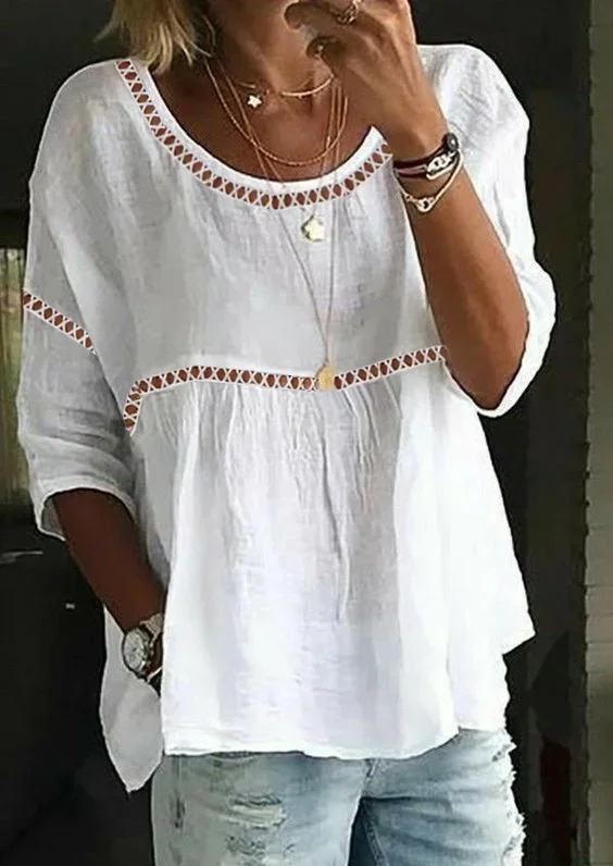 Women Crew Neck Hollow Out Casual Three Quarter Sleeve White Linen Tunic Top