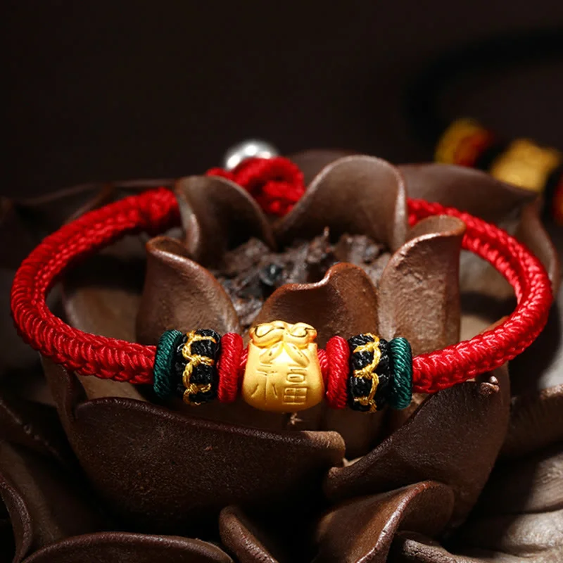 999 Gold Lucky Money Bag Fu Character Protection Handmade Eight Thread Peace Knot Bracelet