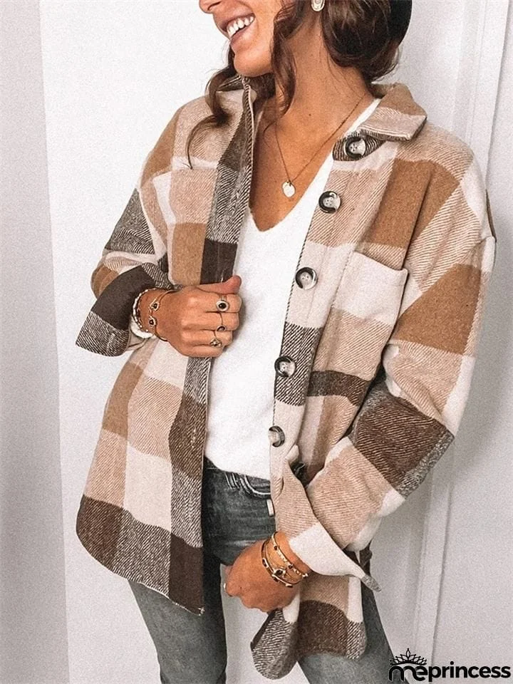 Women's Lapel Collar Button Up Woolen Plaid Shacket Shirts