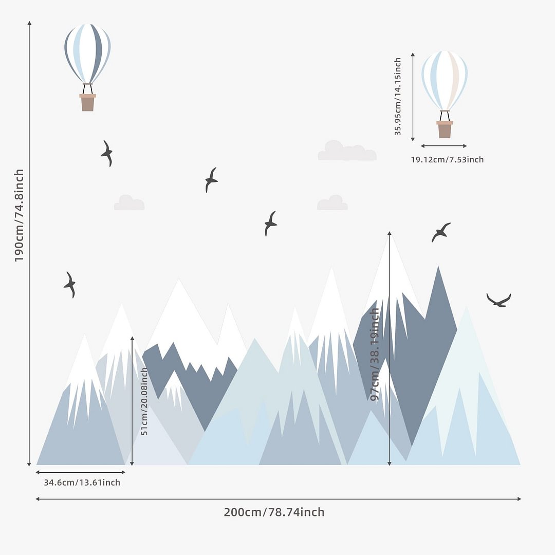 Light Blue Hot Air Balloon Birds Mountain Wall Stickers for Kids Room Baby Boys Room Nordic Modern Self-Adhestive Fabric Mural