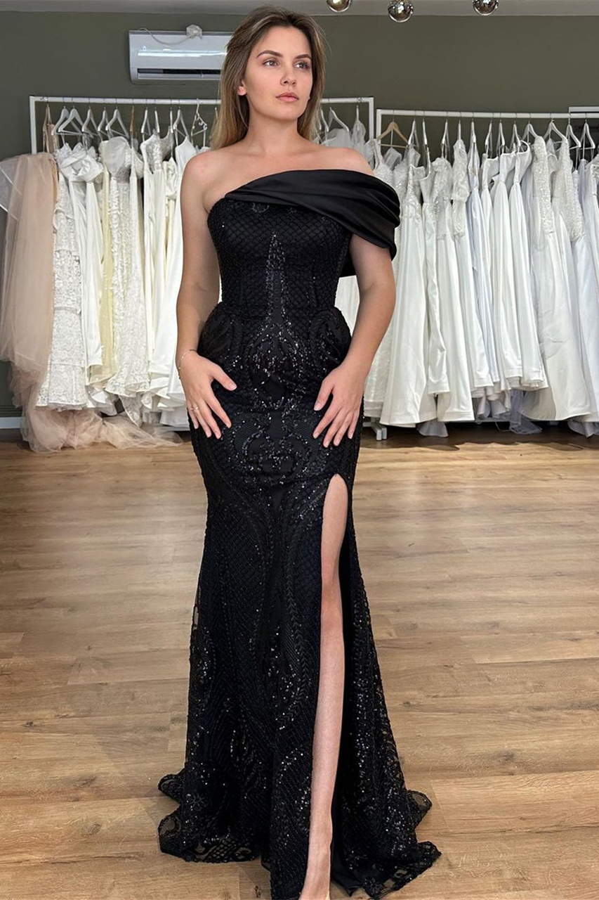 New Arrival One Shoulder Black Mermaid Evening Gown Split with Sequins Beadings - lulusllly