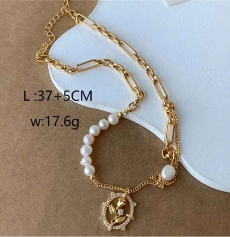 Copper 18K Gold Plated Beach Artistic Shiny Rose Pearl Hollow Out Inlay Zircon Bracelets Necklace