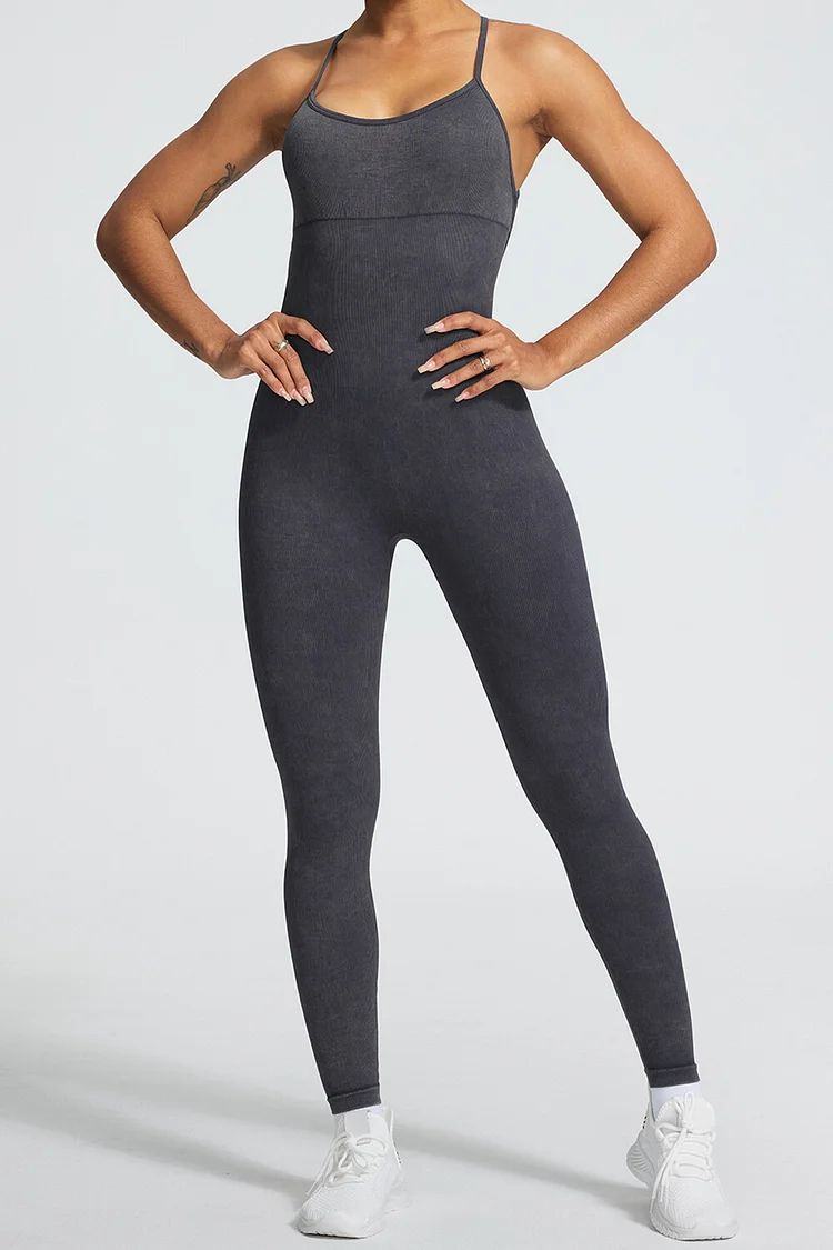 U Neckline Solid Color Slim Fit Open Back Sporty Cami Jumpsuit-Grey