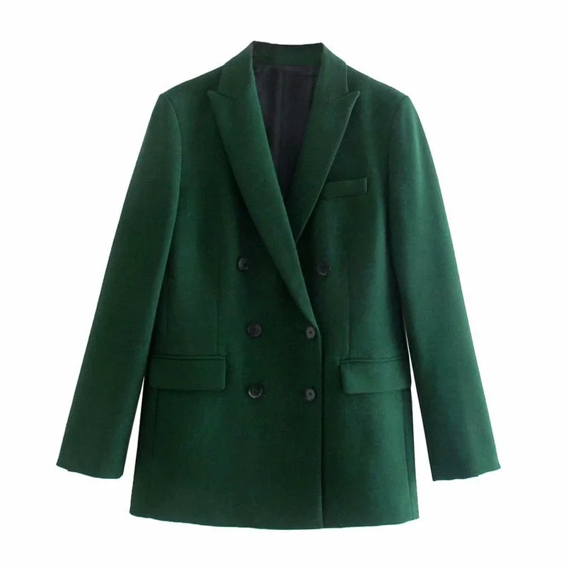 Za 2021 Double Breasted Green Blazer Women Long Sleeve Shoulder Pads Vintage Fitted Blazers Outerwear Female Autumn Coat