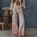 Women's Vintage Spring Floral Embroidered Art Print Flowy Linen Blend Casual Pants - Image 2