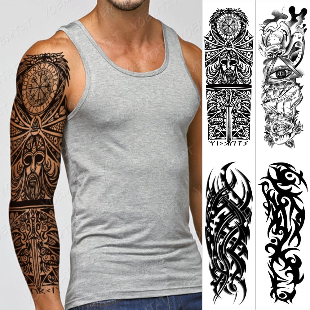 Large Arm Sleeve Tattoo Black Tribal Totem Warrior Waterproof Temporary Tatto Sticker Eye Rose Body Art Full Fake Tatoo Men