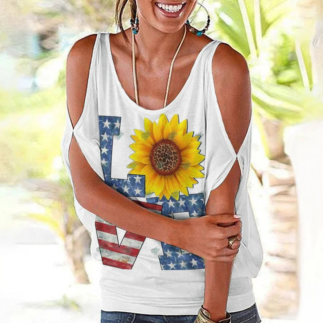Shoulder Off  Loose Short Sleeve Casual T-shirt for Women Printed with Pattern USA, Independence Day, Star, Striped, Blue, Red
