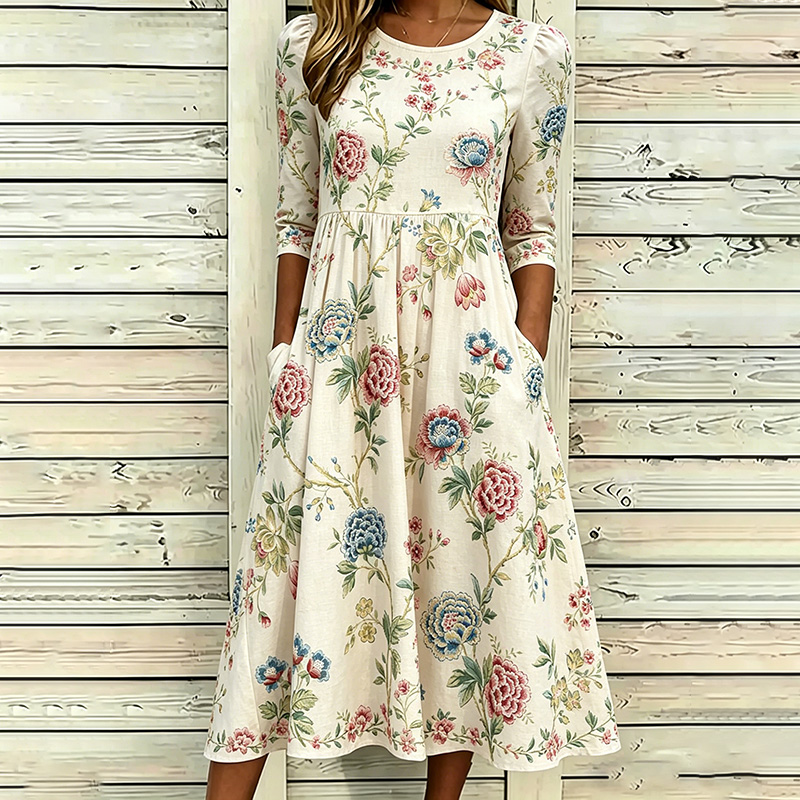 Comstylish Women's Vintage Romantic Floral Artistic Art Print Dress