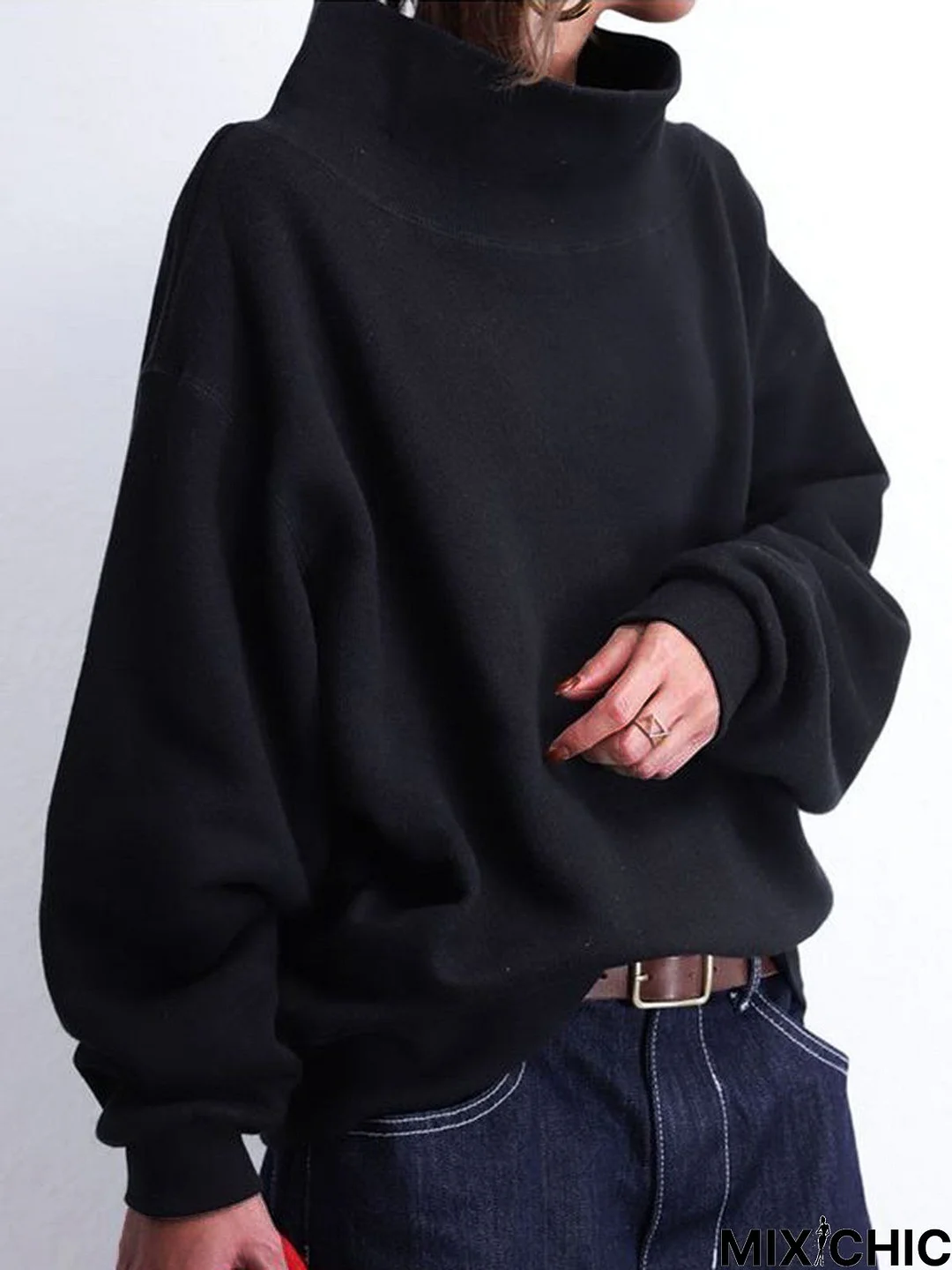 Black Basic Long Sleeve Turtleneck Shift Sweatshirt
