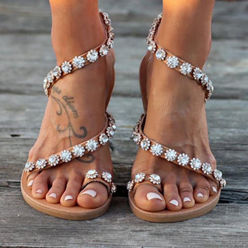 2019 Women Sandals Bling Crystal Summer Shoes Woman Beach Flat Sandals Plus Size Flip Flop Ladies Soft Bottom Slippers Female