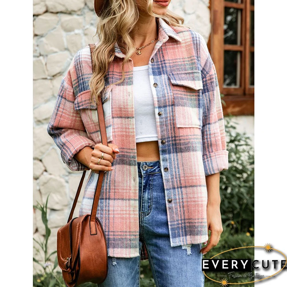 Pink Plaid Print Button Shacket with Pocket