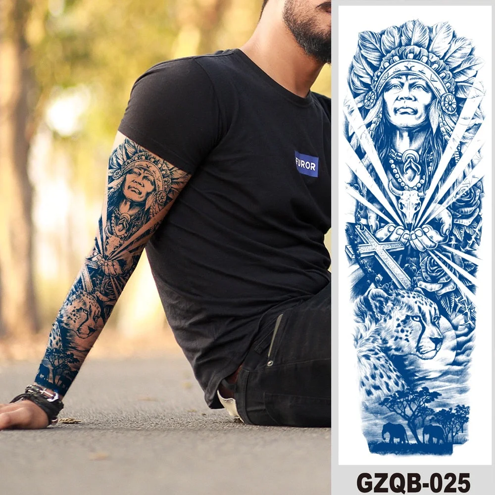 Temporary Flower Full Arm Tattoos Stickers Indian Wolf Dragon Navigator Totem Juice Ink Men Women Girl Leg Fake Tatoo Hot Sale