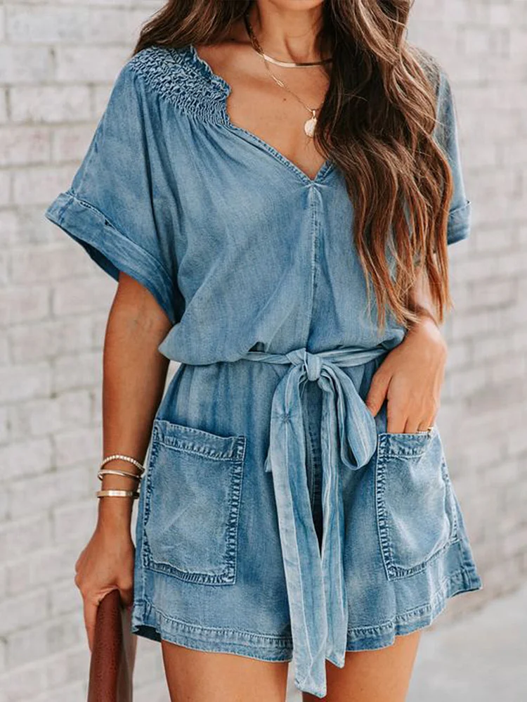 Casual Plain Light Washed Distressed Knot Waist Short Sleeve Romper