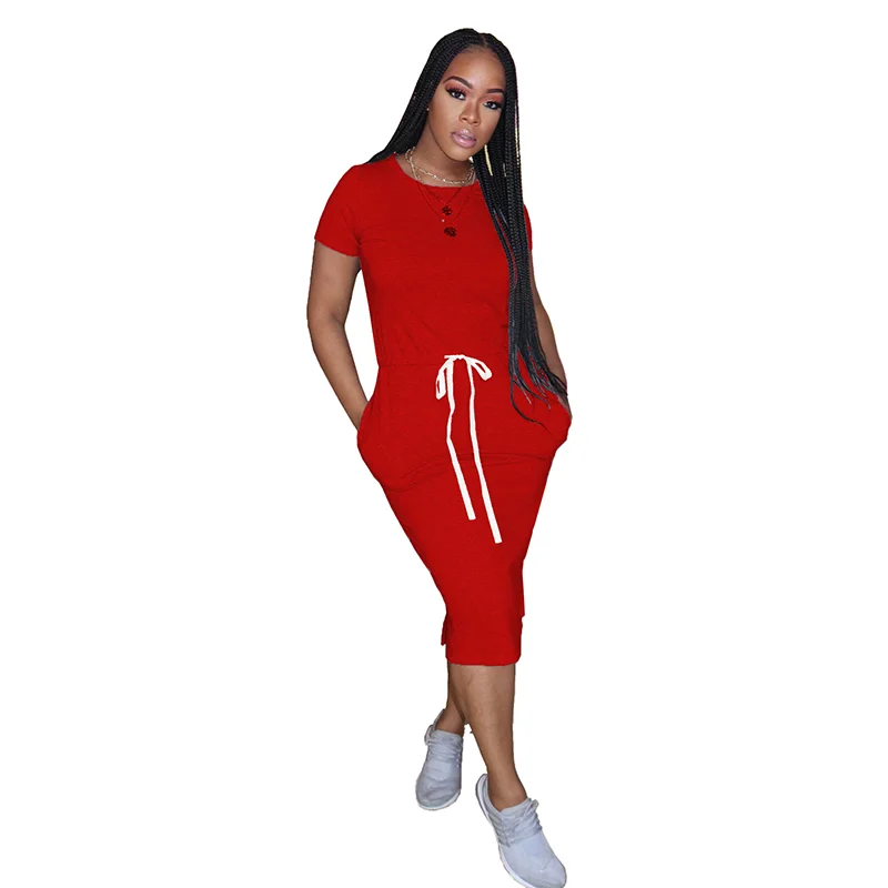 Red Elastic Waist Short Sleeve Casual Dress