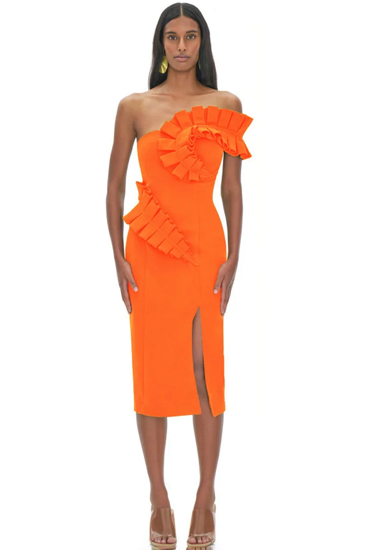 One Shoulder Sleeveless Ruffle Slit Midi Dress-Orange