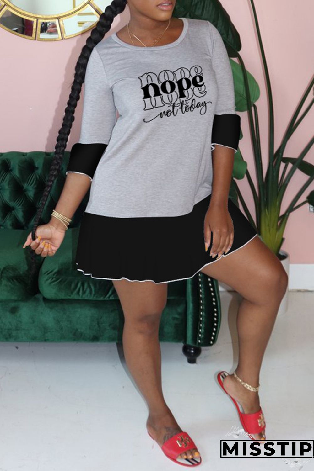 Black Gray Fashion Casual Letter Print Patchwork O Neck Dresses