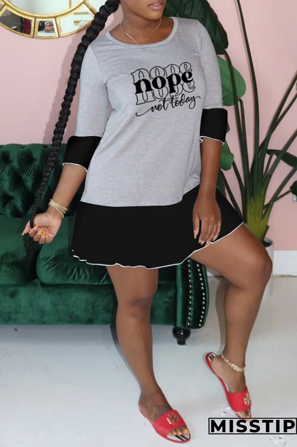 Black Gray Fashion Casual Letter Print Patchwork O Neck Dresses