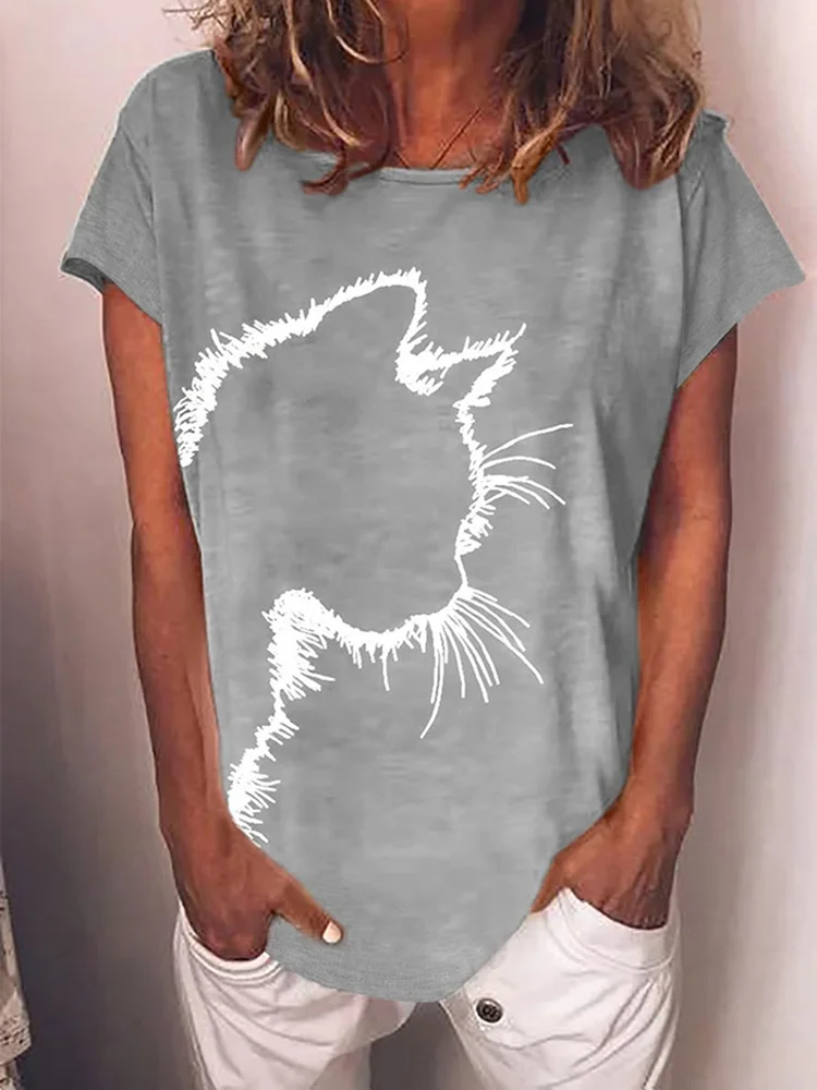 Cat Silhouette Printed Casual T-Shirt