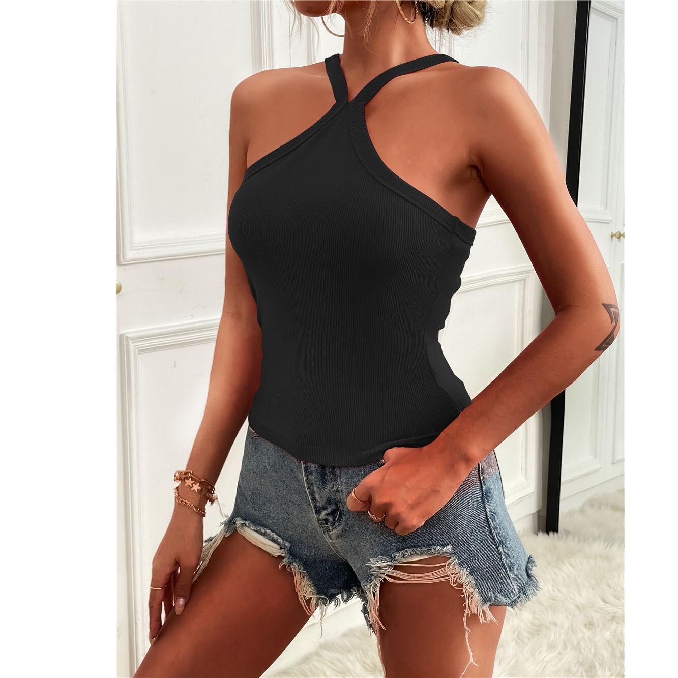 Llyge Women Halter Vest Crop Top Female Knitted Off Shoulder Crop Tops Cross Strappy  Tank Tops For Women 2024 Summer llyge