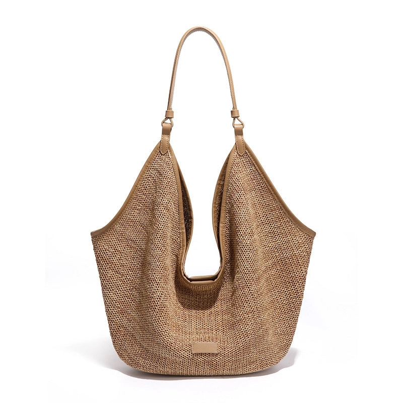 Women’s Large Raffia Solid Color Streetwear Bucket Magnetic Buckle Tote Bag